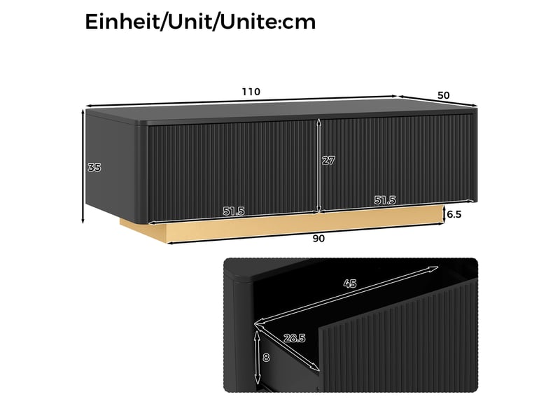  Table basse avec 2 tiroirs et niches ouvertes, façade rainurée, pour salon, en mdf, noire, 110 × 50 × 35 cm  - Conforama D