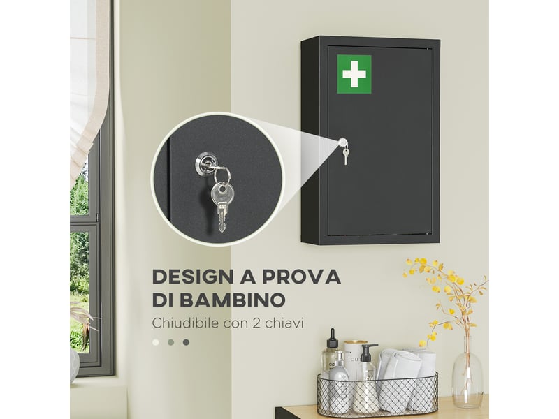  Armoire à pharmacie à 3 étagères avec serrure à clés, en acier, 30 x 14 x 46 cm, noire  - Conforama D