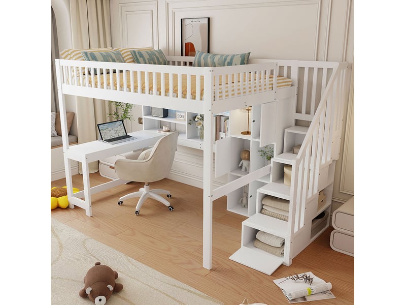  Lit mezzanine 140x200 cm avec bureau, rangements et led blanc  - Conforama E