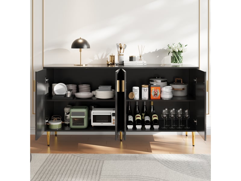 Buffet bas noir 152x40x75 cm en mdf à motif ondulé et détails dorés  - Conforama D