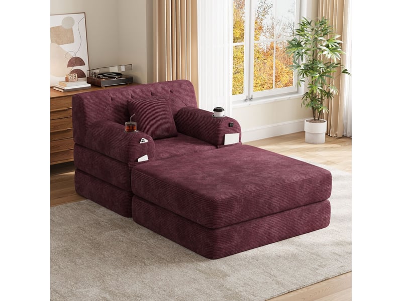 Canapé pouf inclus revêtement côtelé fonction allongée dossier haut cadre en métal mousse haute densité 2 porte-gobelets 4 poches latérales - Conforama B