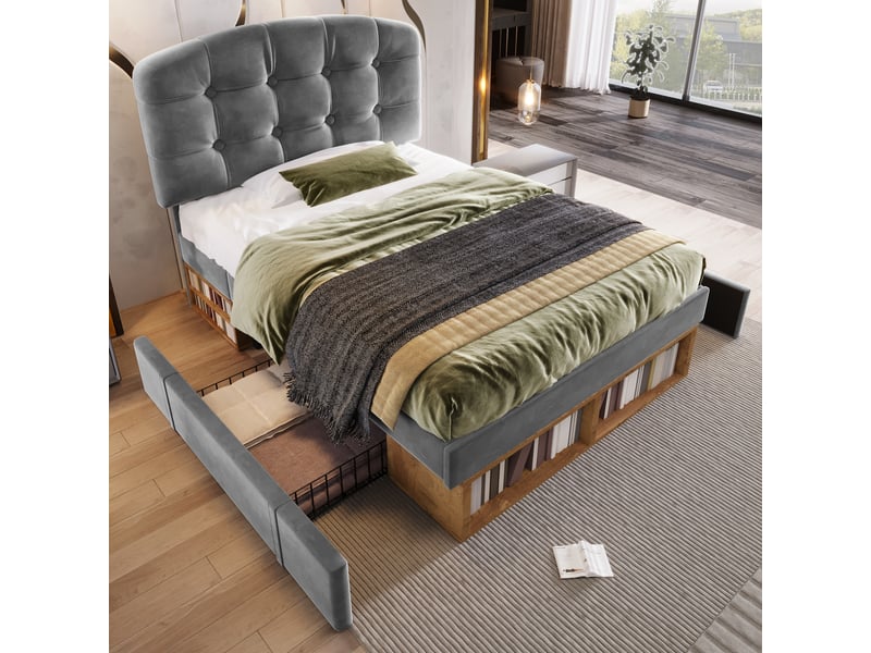 Modenvie lit simple capitonné 90x200 cm - tête de lit réglable, rangements intégrés, sans matelas - gris  - Conforama B