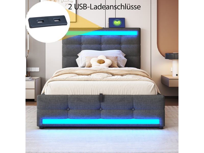  Lit enfant capitonné 90x200 cm en lin gris, rangement hydraulique, led et usb, avec sommier  - Conforama E