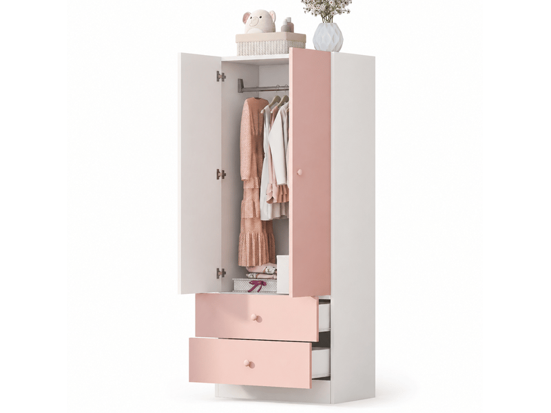  Armoire 70x40x170 cm à deux tiroirs mdf rose et blanc  - Conforama A