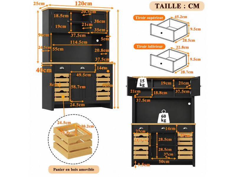 Armoire haute de rangement avec portes, étagères réglables, paniers et éclairage led rgb - noir - Conforama C