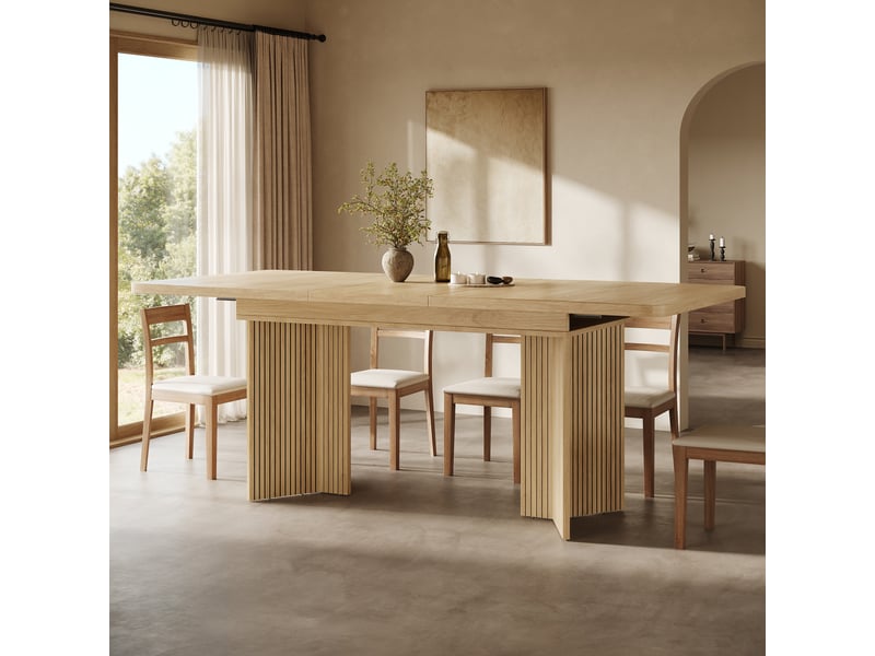  Table à manger extensible 120-160x80x76 cm table à manger 6 à 8 personnes rectangulaire avec pieds verticaux en v, chêne clair  - Conforama E