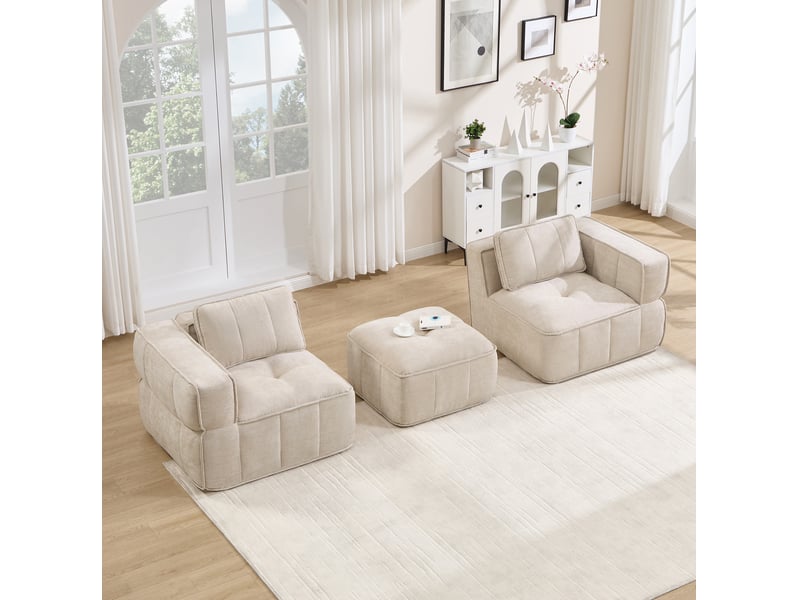  Canapé d'angle modulaire 2 places avec pouf, assise profonde et base antidérapante en polyester beige  - Conforama E