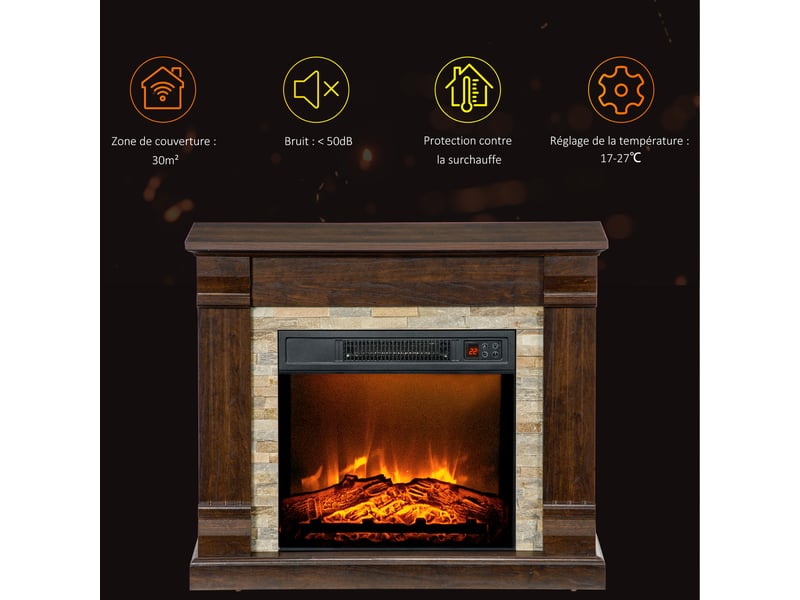 Cheminée électrique, cheminée décorative 1800w effet flamme, luminosité et température réglables, 80x21,6x67,8cm, marron - Conforama W