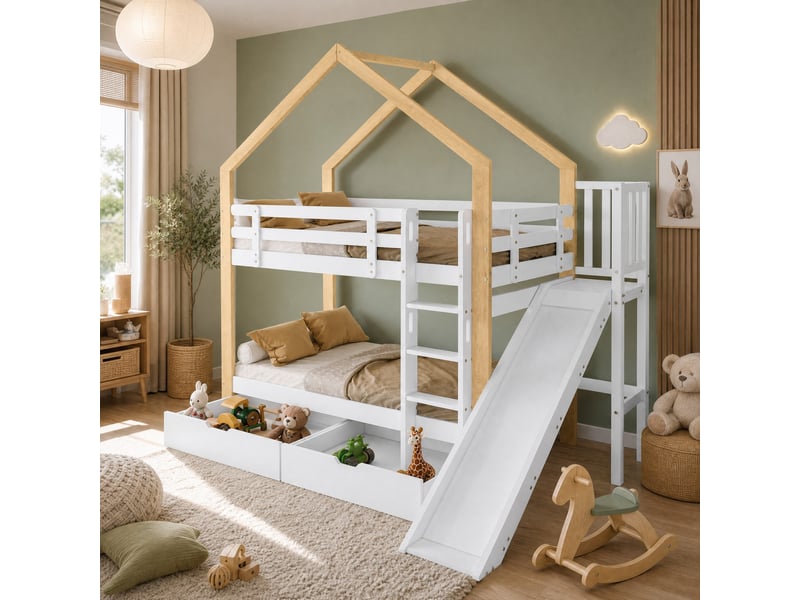  Lit superposé enfant cabane avec toboggan et 2 tiroirs blanc et naturel 90 x 200 cm  - Conforama D