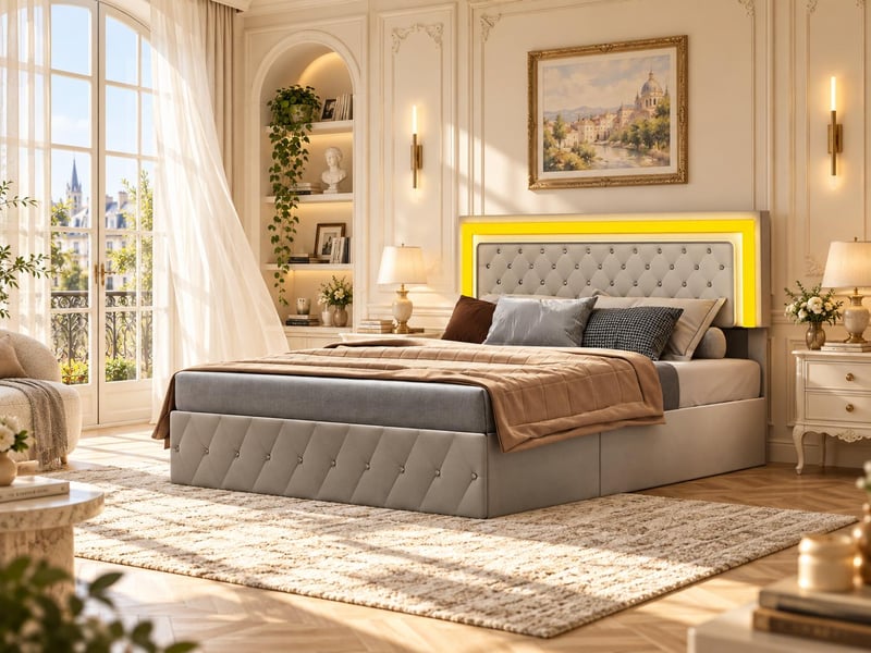  Lit coffre 160 x 200 cm avec tête de lit - led, usb et rangement  - Conforama B