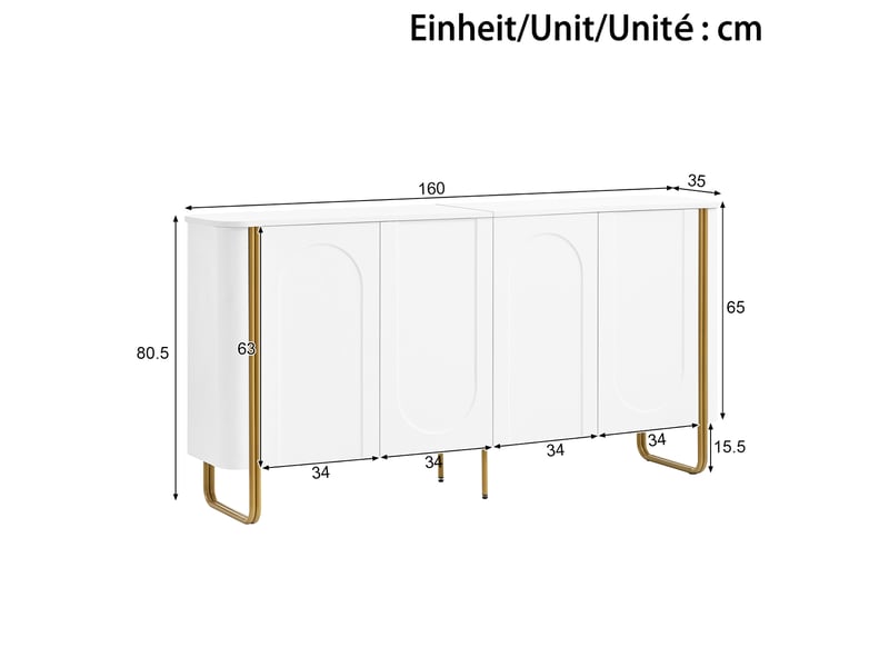  Buffet en mdf à 4 portes, pieds métal, relief arqué et ouverture push-to-open  - Conforama C