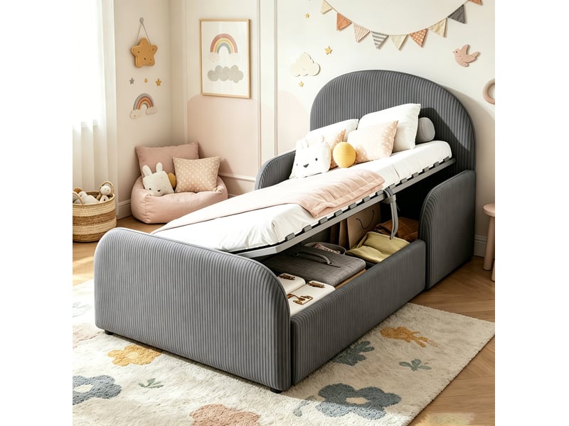 Lit enfant 90x200 cm avec coffre hydraulique, sommier à lattes et barrières gris  - Conforama D