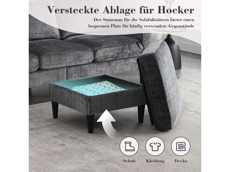  Canapé 4 places, canapé de salon – en velours, poches latérales, porte-gobelets, avec pouf, avec rangement, avec accoudoirs  - Conforama W