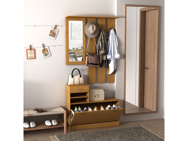  Ensemble entrée 2 pièces miroir + porte-manteau + rangement chaussures, 6 crochets, étagères, tiroir abattant, bois brun  - Conforama D