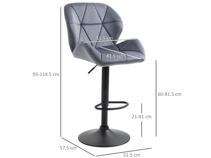  Ensemble 2 tabourets bar pivotants réglables, métal, velours, dossier, repose-pieds, 51,5x57,5x93-114,5 cm, gris.  - Conforama E