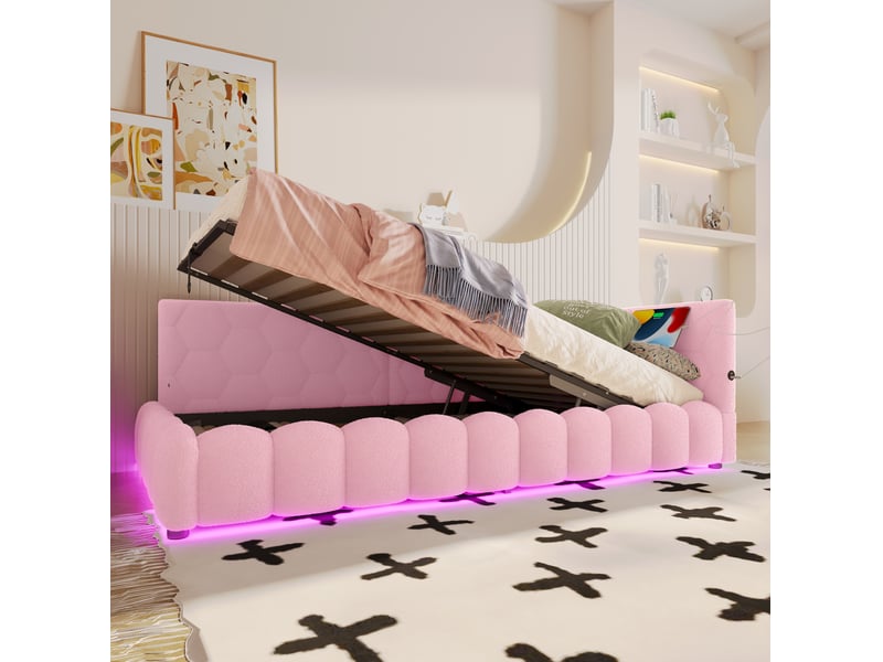  Lit banquette coffre 90x200 cm rose avec rangement hydraulique, led, usb et type-c  - Conforama D