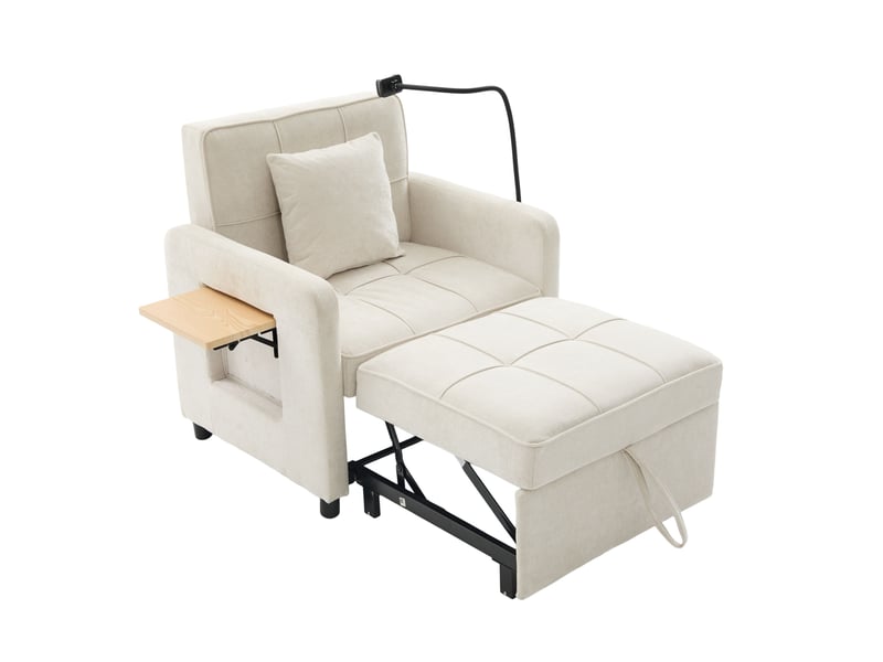 Fauteuil convertible deux en un avec dossier réglable, rangements, plateau et coussin en chenille beige  - Conforama A