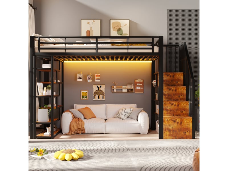  Lit mezzanine, 90 x 200 cm, avec rangement, led, revêtu de tissu effet lin, noir 252x95x170cm - Conforama D