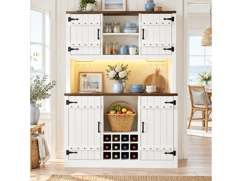 Colonne de cuisine led avec rangement fermé, niche ouverte, étagères réglables, range bouteilles, 120 × 40 × 180 cm - Conforama B