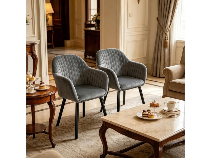 Chaise de salle à manger lot de 2 avec accoudoirs et dossier courbé - pieds en bois, velours noir ou gris foncé - Conforama C