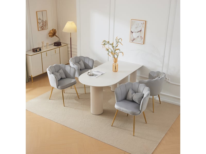  Lot de 4 chaises de salon en velours avec dossier pétale, coussin et pieds métalliques dorés, gris  - Conforama C