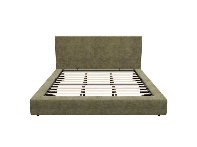  Lit coffre hydraulique 160x200 cm rembourré en chenille vert olive avec grand rangement, tête de lit et sommier à lattes Morn Vibe - Conforama E