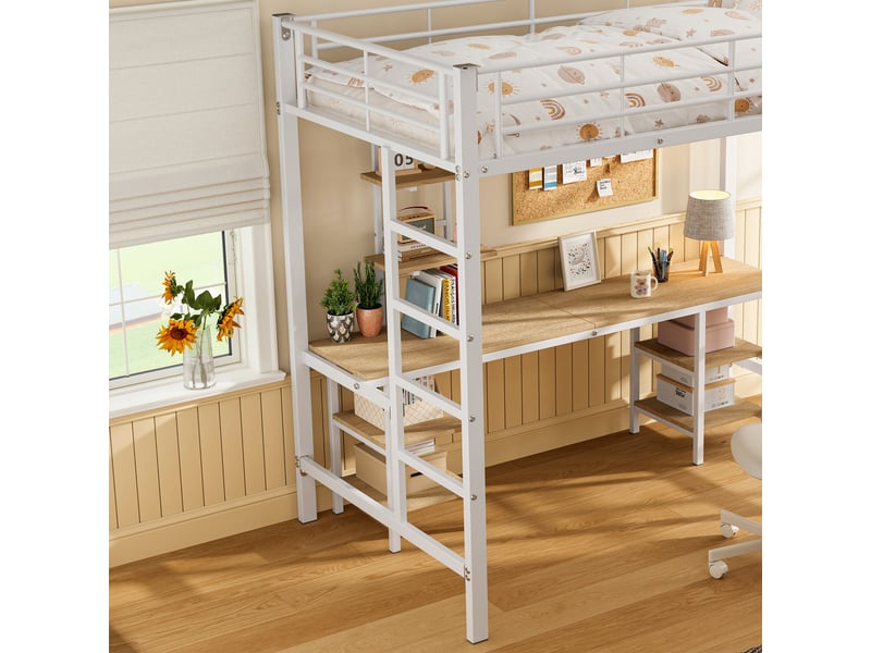  Lit mezzanine 90x200cm, lit en métal avec bureau, étagères de rangement, barrière, escaliers et sommier, blanc, sans matelas  - Conforama D