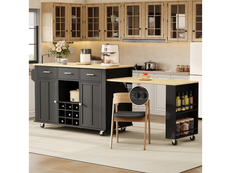  Îlot de cuisine mobile extensible avec rangement - lpospi - prises usb, 7 roulettes, mdf noir naturel 136 (223) × 50 × 93 cm  - Conforama B