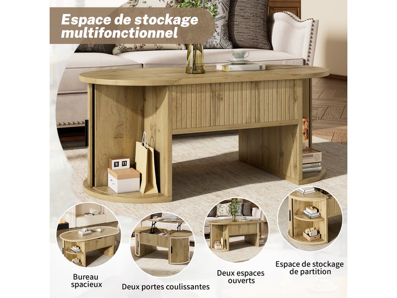 Table basse moderne à hauteur réglable, idéale pour le salon, avec étagères ouvertes et rangements dissimulés, portes coulissantes, parfaite pour les petits appartements et les bureaux à domicile. - Conforama E