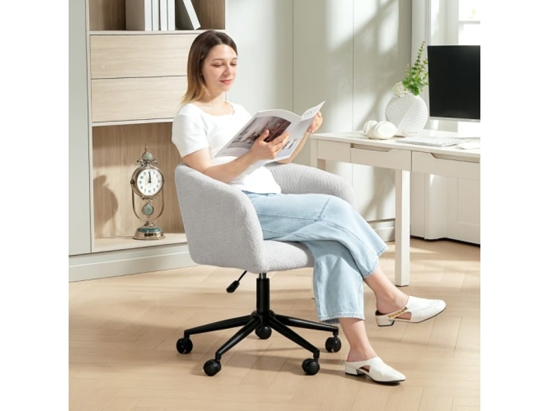  Chaise de bureau rembourrée en peluche, design baquet, à roulettes, acier, crème et noir  - Conforama B
