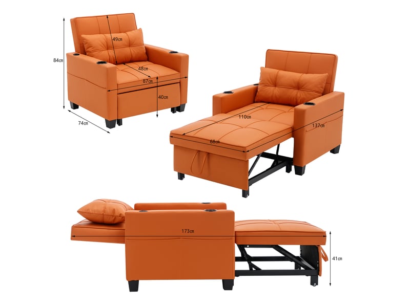  Fauteuil convertible 1 place 3-en-1 orange avec usb et porte-gobelets  - Conforama C