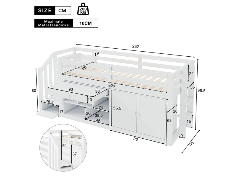 Lit mezzanine enfant 90x200 cm – blanc – bureau rabattable, rangements, escalier réversible - sans matelas - Conforama C