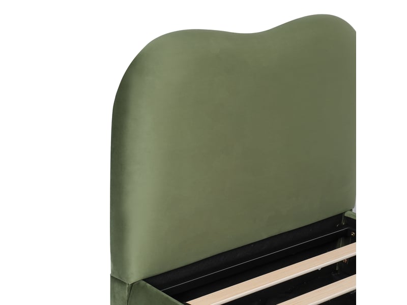  Lit enfant capitonné de 90 × 200 cm, avec coffre de rangement hydraulique et tête de lit capitonnée, tissu velours, vert  - Conforama D