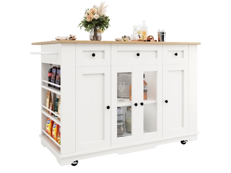 Îlot de cuisine mobile 151.5x6085x91.7 cm, plateau rabattable avec 3 tiroirs, 4 portes et rangements, blanc - Conforama A