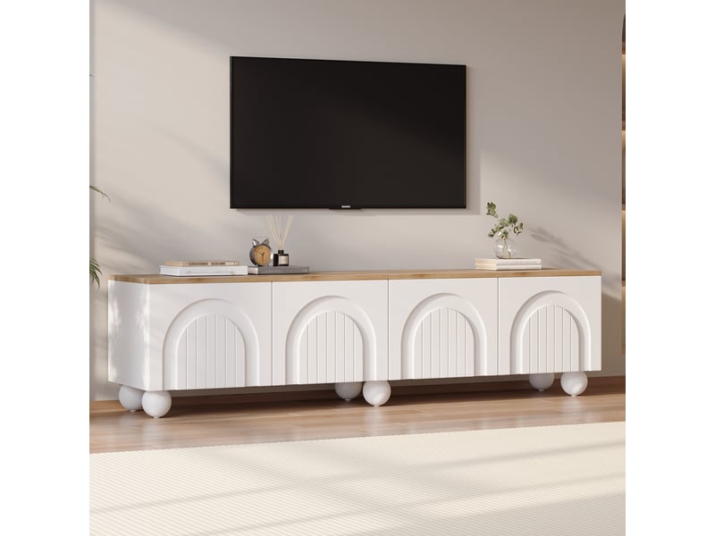  Meuble TV blanc avec fonction de rangement, 4 portes, 6 pieds métalliques ronds, dimensions 180 × 40 × 45 cm  - Conforama D