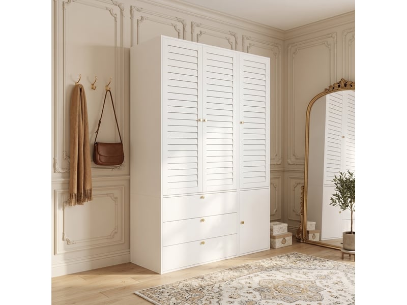  Armoire tcqpz 3 portes à lamelles 135 x 50 x 200 cm 3 tiroirs 2 tringles porte-pantalons panneau de particules blanc  - Conforama E