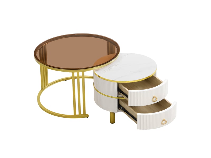  Table basse ronde 2 en 1 en mdf, 1 plateau blanc et 1 plateau en verre trempé brun, 2 tiroirs, blanc et or  - Conforama E
