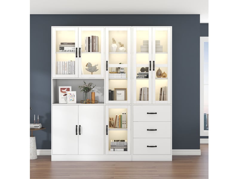  Vitrine haut 180x40x200 cm avec led, 8 portes et 3 tiroirs blanc  - Conforama B