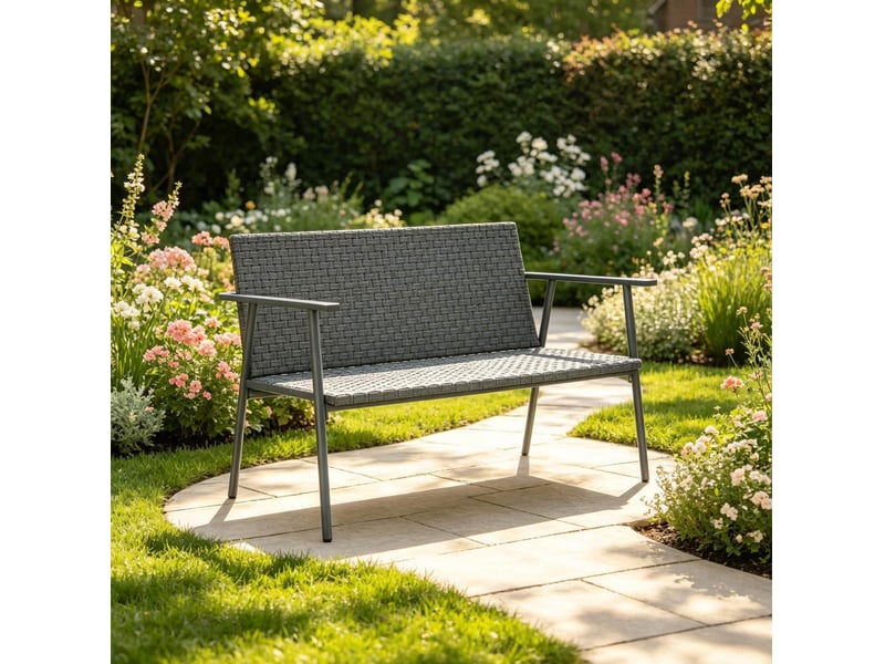 Banc de jardin 2 places 110 x 58 x 78 cm – gris et gris foncé – résine tressée, pieds réglables - Conforama B