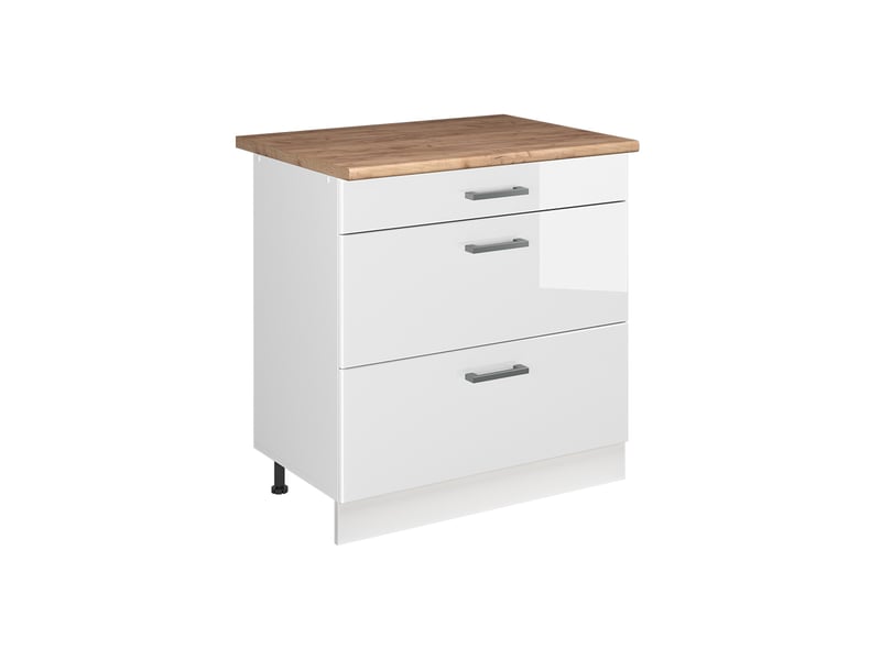  Vicco meuble cuisine, blanc haute brillanceblanc, 80cm avec 3 tiroirs plan de travail chêne doré  - Conforama A