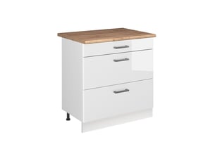 Vicco meuble cuisine, blanc haute brillanceblanc, 80cm avec 3 tiroirs plan de travail chêne doré