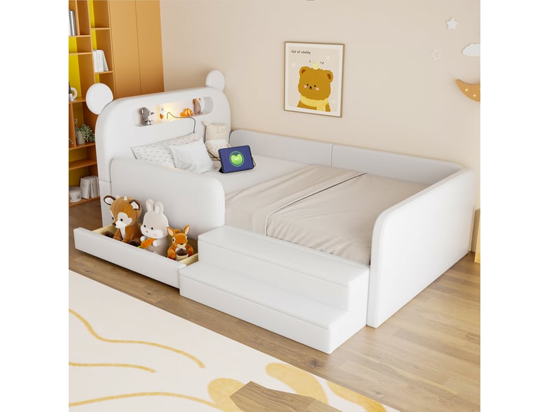  Lit enfant 90x200 cm blanc en similicuir avec tête de lit ours, veilleuse, usb et rangement  - Conforama W