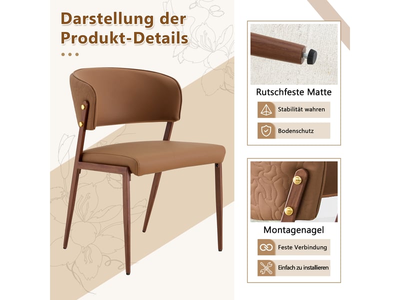  Chaises de salle à manger lot de 2 à dossier ergonomique  - pieds métal, pu marron, 47 × 51 × 78 cm  - Conforama E