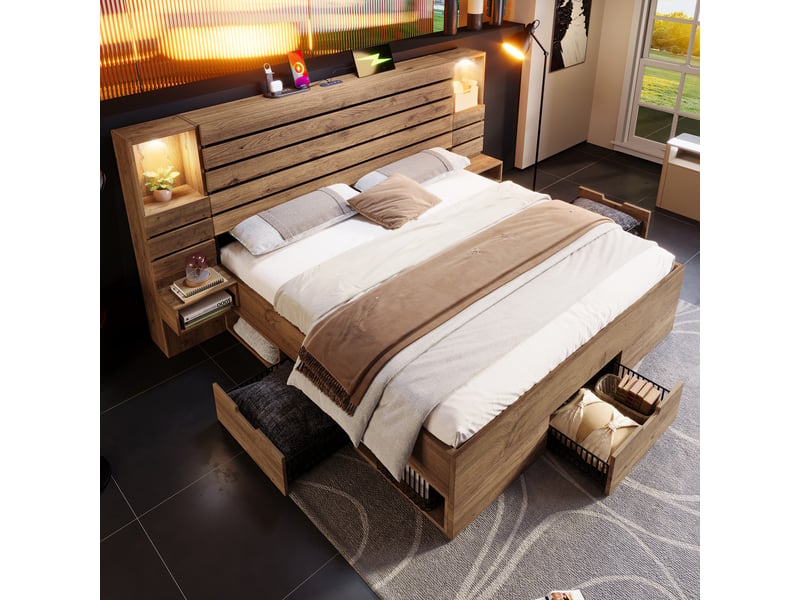 Lit double en bois 160 x 200 cm, led, usb-c, niche éclairée, tables de chevet suspendues, tiroirs de rangement sous le lit, chêne Seren Glow - Conforama D