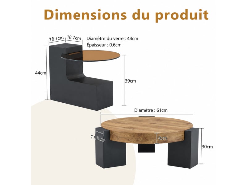  Lot de 2 tables basses rondes en mdf et verre teinté – noir et décor bois – ø61 et ø44 cm  - Conforama D