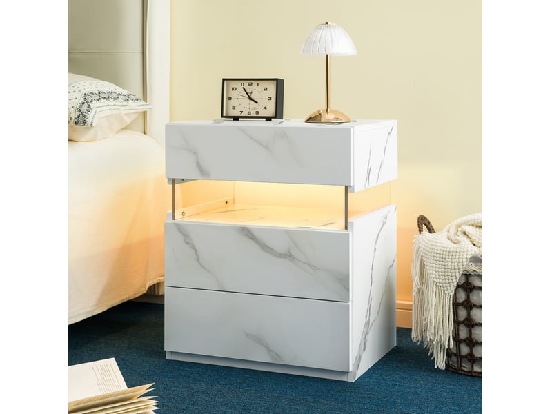  Table de chevet led 3 tiroirs en bois d’ingénierie blanc mat 50 x 37 x 60 cm  - Conforama D