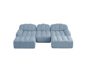 Canapé panoramique coquille 3 places, 2 poufs bleu – 288 x 165 x 79 cm