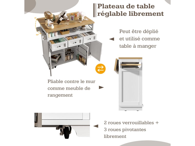  Desserte cuisine, îlot central sur roulettes avec plan de travail, plateau extensible, pivotant à 360°, dimensions 118 x 43 à 70 x 98 cm, mdf, blanc  - Conforama E