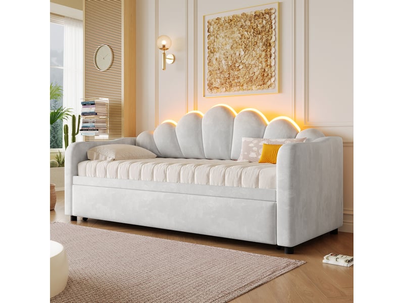  Lit gigogne multifonctionnel 90x200 cm led, lit enfant, lit simple avec tête de lit, mdf, velours gris sans matelas  - Conforama B
