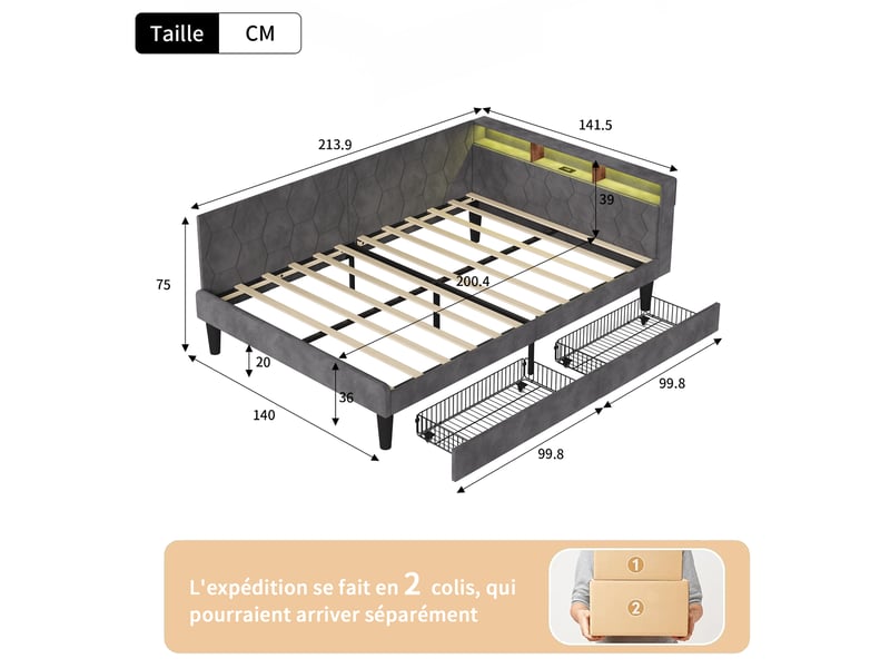 Kefsr lit double capitonné 140x200 cm en velours gris - lit avec 2 tiroirs de rangement, tête de lit led, étagères et ports usbtype-c, convertible banquette - Conforama C